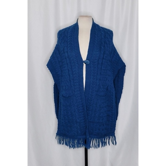 ARAN CRAFTS Irish Ireland Blue Merino Wool Cable Knit Cape Sweater One Size - Picture 3 of 11
